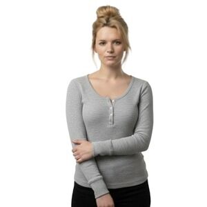 Victoria's Secret Shirt Womens Large Gray Ribbed Henley Long Sleeve Metallic